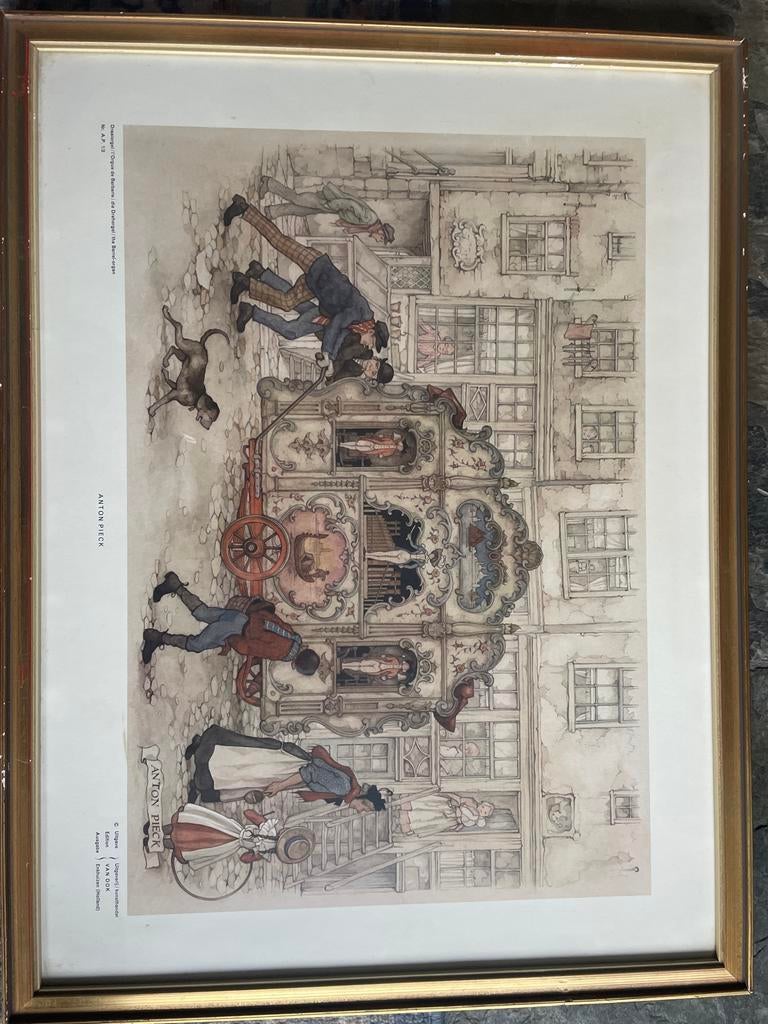 Anton Pieck Draaiorgel - Ingelijst - 56,5x43 cm, Antiek en Kunst, Ophalen of Verzenden