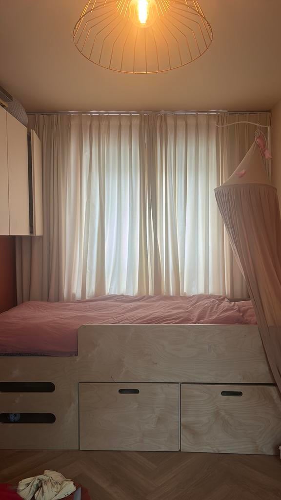 2 sets Licht doorlatende gordijnen met rail Hema, Ophalen, Gebruikt, 200 cm of meer, 200 cm of meer