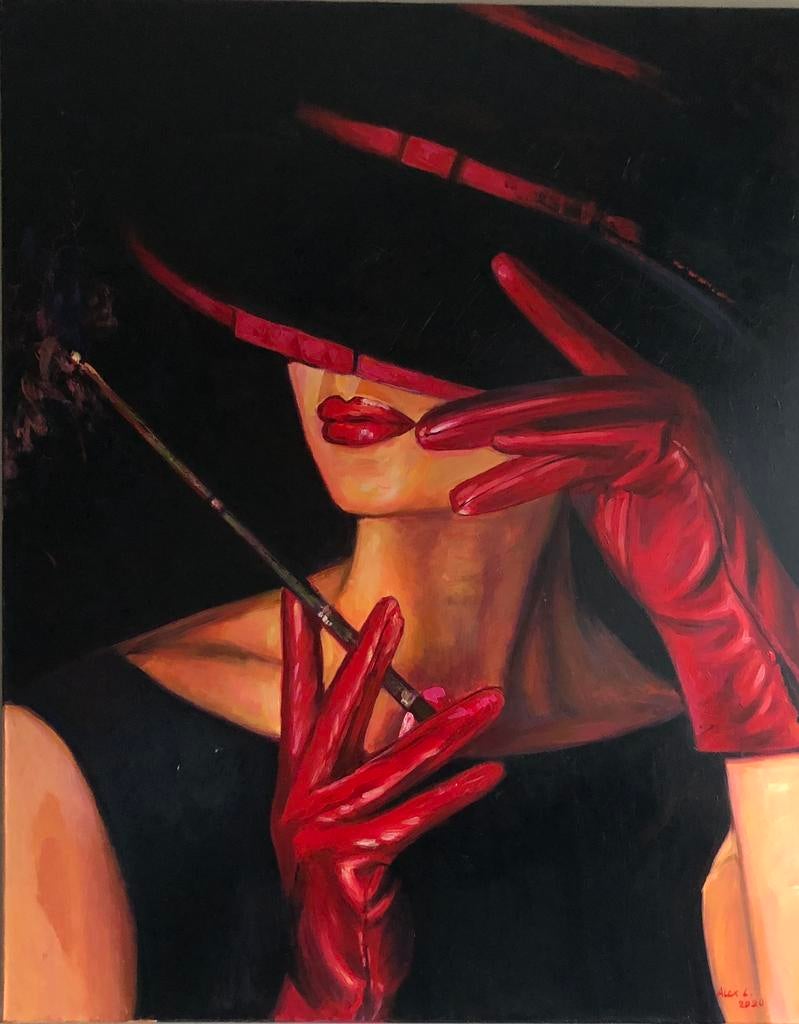 Alex L- Lady in red- Handgeschilderd (100%)- Origineel, Ophalen of Verzenden