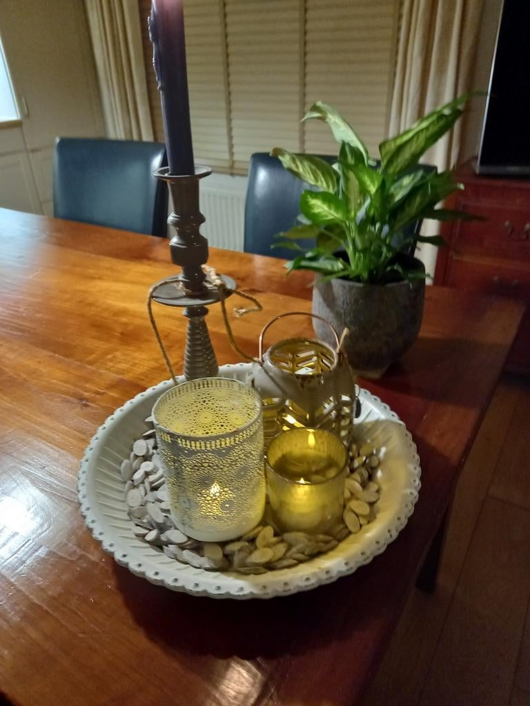 Decoratieve schaal met kandelaars en theelichtjes, Gebruikt, 25 tot 50 cm, Ophalen of Verzenden, Bruin