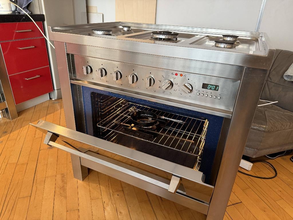 M-System/Boretti gasfornuis met elektrische oven 90cm R.V.S., Ophalen, 60 cm of meer, Zo goed als nieuw, Gas