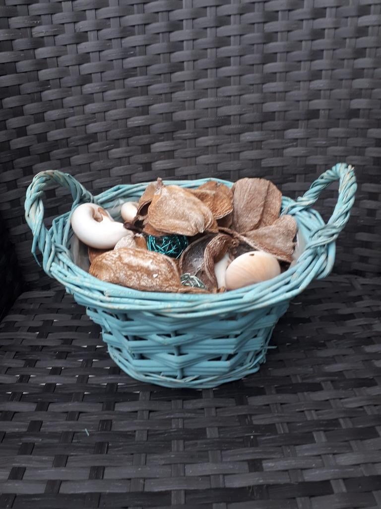 Mintgroene deco mandje 20x10 cm, Ophalen, Zo goed als nieuw, Rechthoekig, Riet