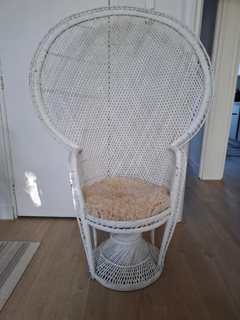 Prachtige witte rotan pauwstoel, stoel, tuinstoel vintage, Ophalen, Wit, Boho, Eén