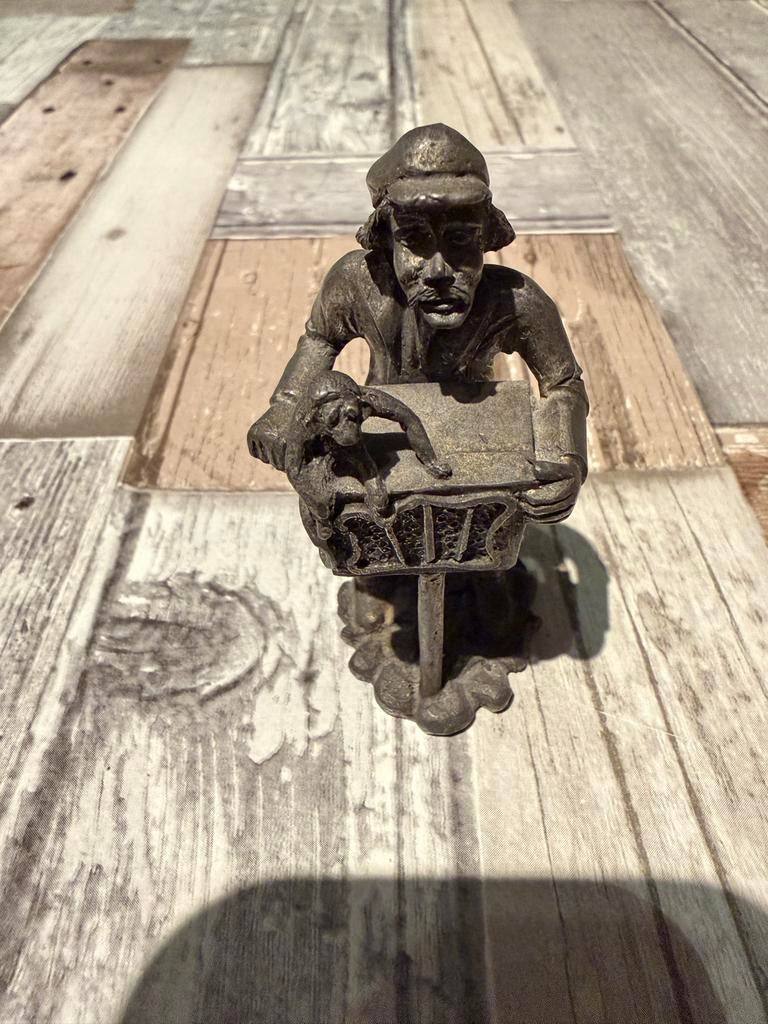 Vintage Tinnen Beeldje: Man met Aap en Draaiorgel, Antiek en Kunst, Ophalen of Verzenden