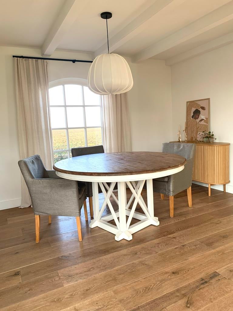 Ronde eettafel 150 cm met 6 stoelen, Huis en Inrichting, Tafels | Eettafels, Ophalen, Gebruikt, 100 tot 150 cm, 150 tot 200 cm