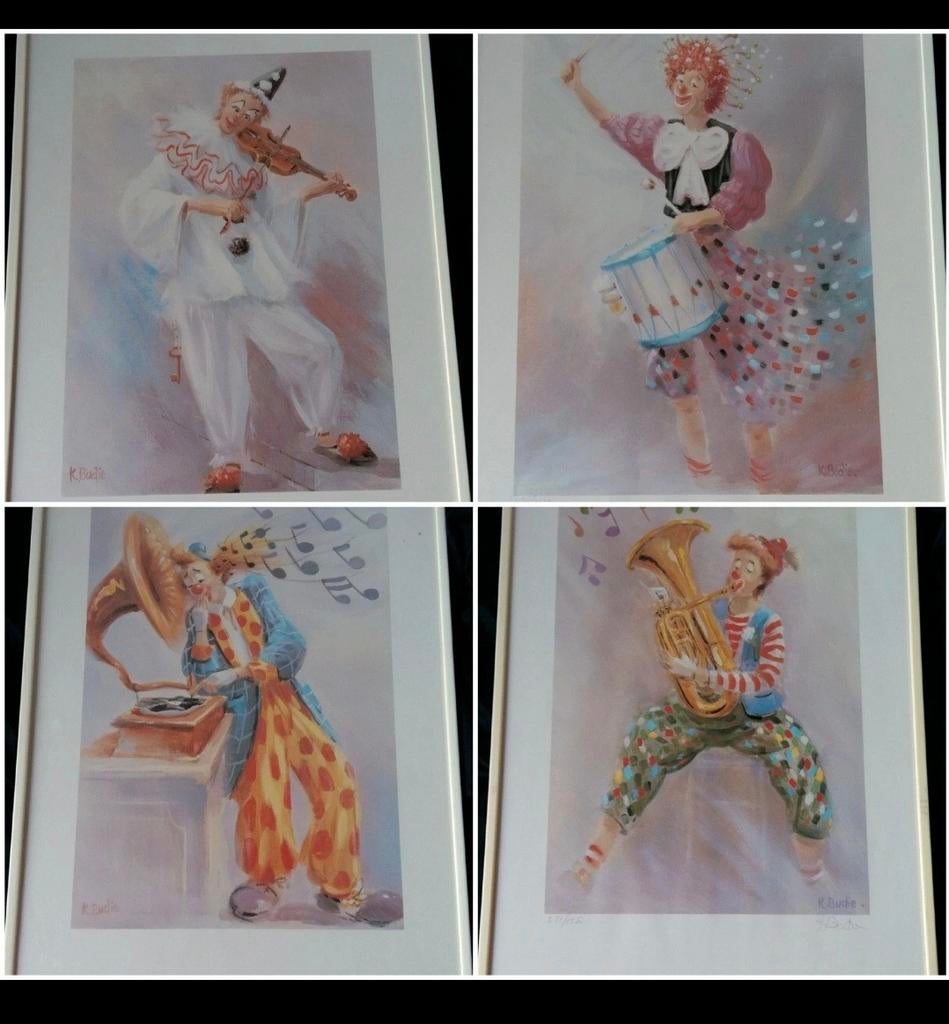 4 vrolijke schilderijtjes met muzikale clown, Ophalen of Verzenden