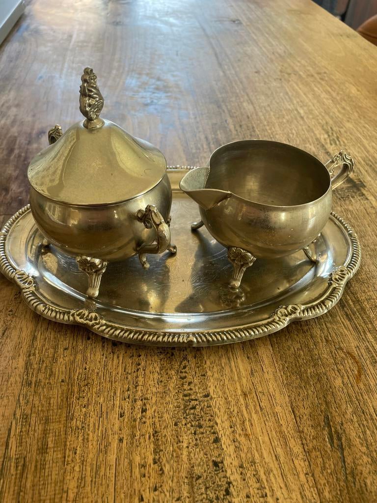 Antieke Suikerpot, Melkkan en Dienblad - Verzilverd, Antiek en Kunst, Antiek | Goud en Zilver, Ophalen of Verzenden