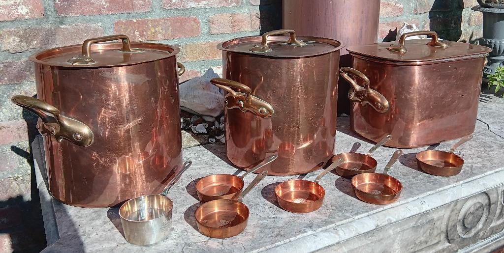 Groot lot koperen pannen LOUVRE KWALITEIT van Lasserre Paris, Overige materialen, Gebruikt, Keramische plaat, Pannenset