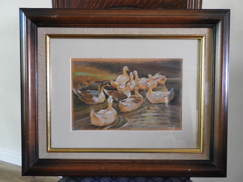 Krijttekening eendjes in het water - Gesigneerd - G. Thumann, Ophalen of Verzenden