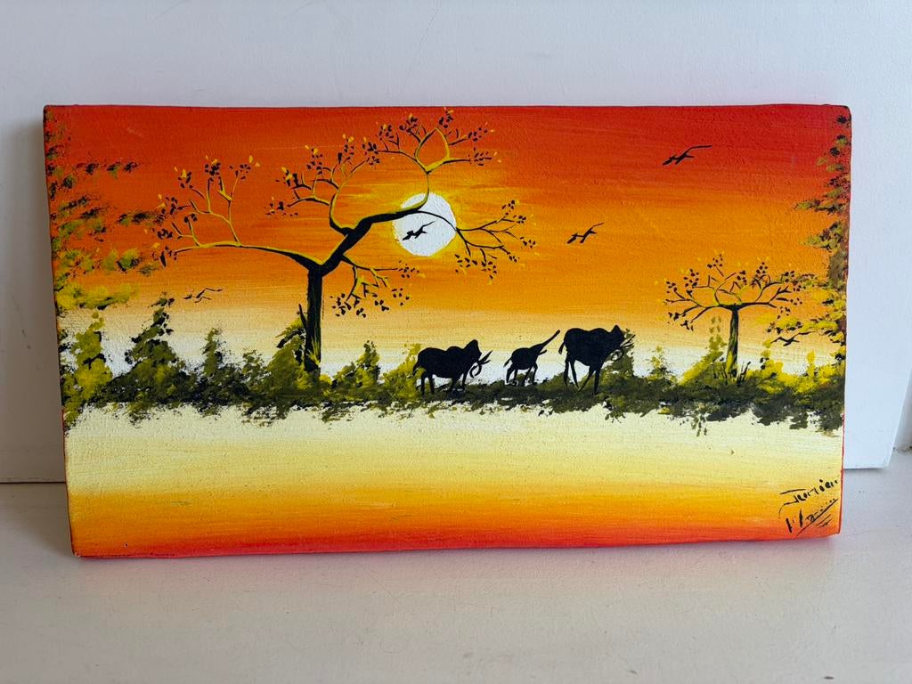 Afrikaans schilderijtje met olifanten, Ophalen of Verzenden