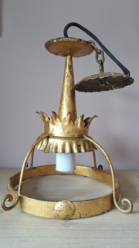 Antieke brocante messing hanglamp - bloem / kroon, Ophalen of Verzenden