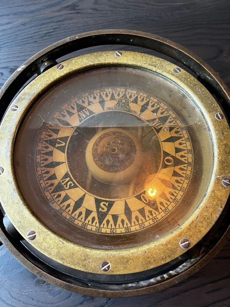 Antiek scheepskompas Iver C. Weilbach & Co – messing – carda, Ophalen