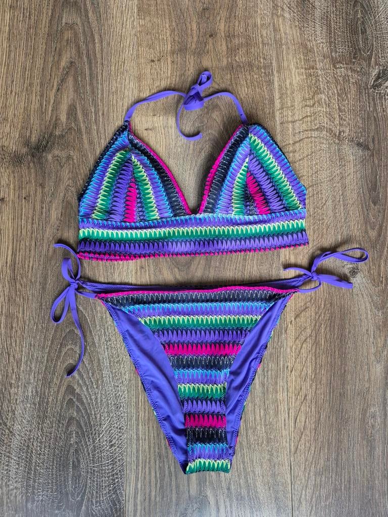 Bikini meerkleurig triangel paar roze groen L 40, Ophalen of Verzenden, Zo goed als nieuw, Bikini
