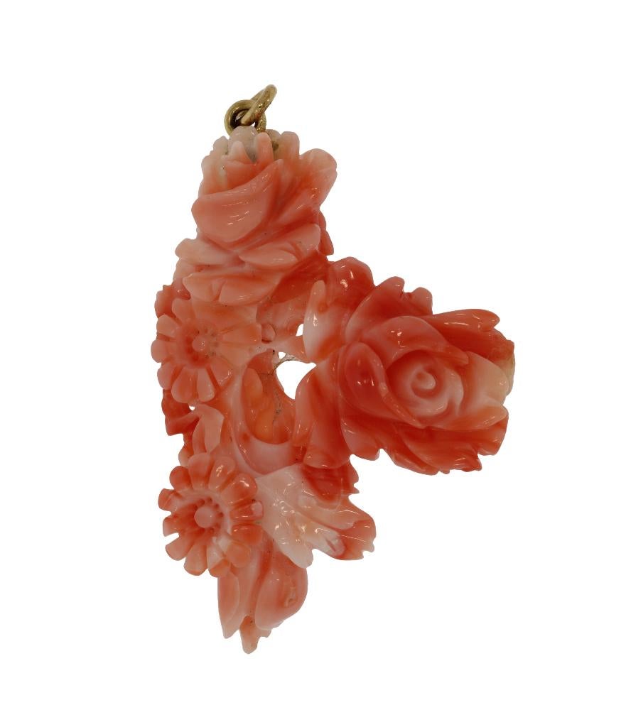 Koraal antieke 14k gouden ketting hanger bloem roos vintage, Verzenden, Goud, Hanger, Met edelsteen