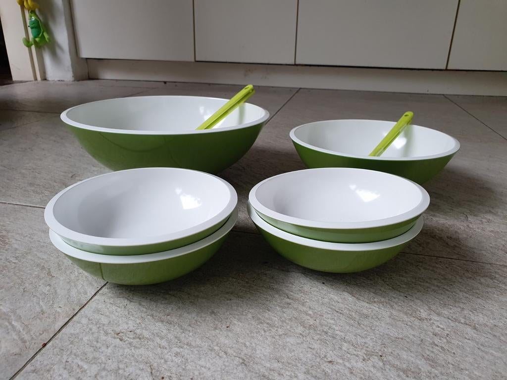 Groene Mepal schalen kommen set met sla couvert, Ophalen of Verzenden, Nieuw, Groen, Bak of Kom