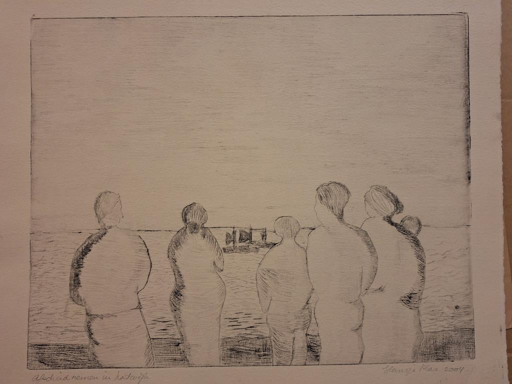 Ets Katwijk - Vrouwen aan de kust, Antiek en Kunst, Kunst | Etsen en Gravures, Ophalen of Verzenden