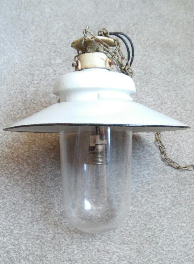 Oude schipperslamp wit emaille kap glazen bol fitting lamp, Ophalen of Verzenden