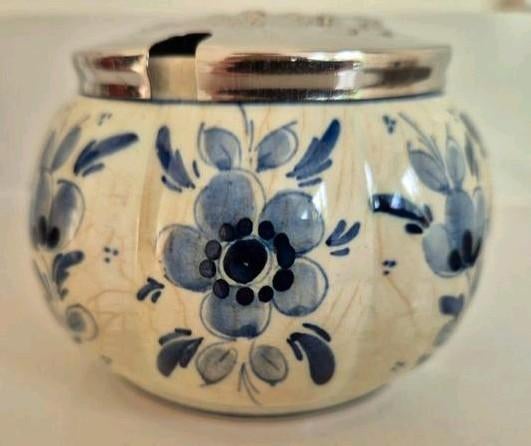 Delfts blauwe suikerpot met zilverkleurige deksel, Ophalen of Verzenden