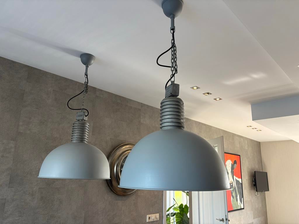 Set van 2 Frezoli industriële hanglampen - Grijs, Ophalen, Gebruikt, Metaal, 75 cm of meer