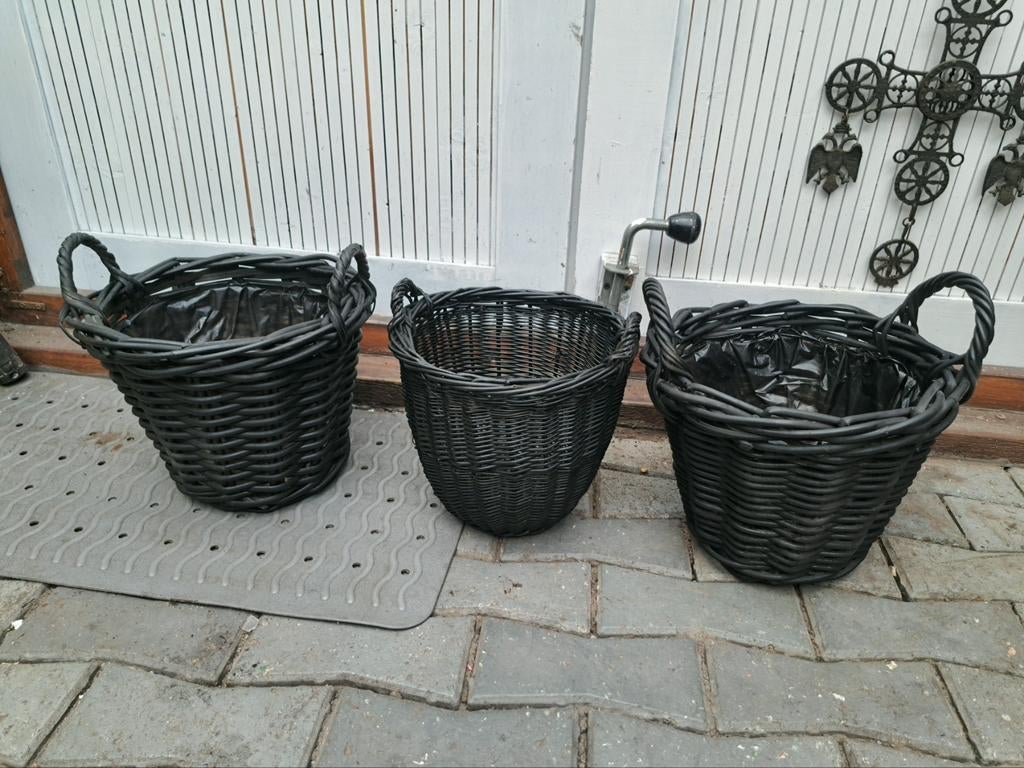 Zwarte rieten manden, 3 stuks, Huis en Inrichting, Mand, Rond, Nieuw, Ophalen of Verzenden