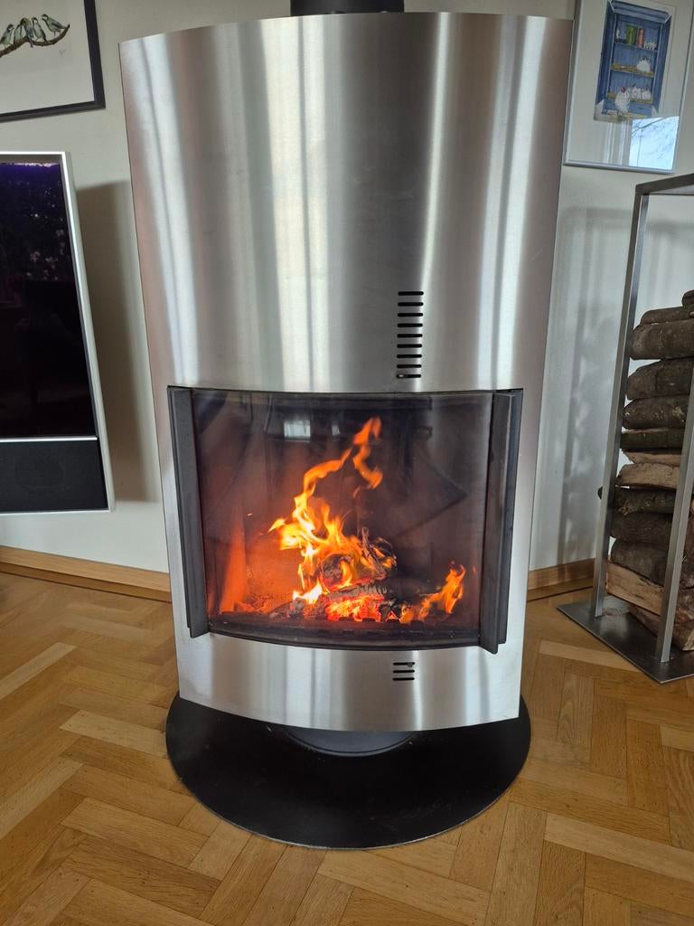 Harry Leenders Houtkachel Fuga XL RVS met vloerplaat en pijp, Ophalen, Vrijstaande haard, Houthaard