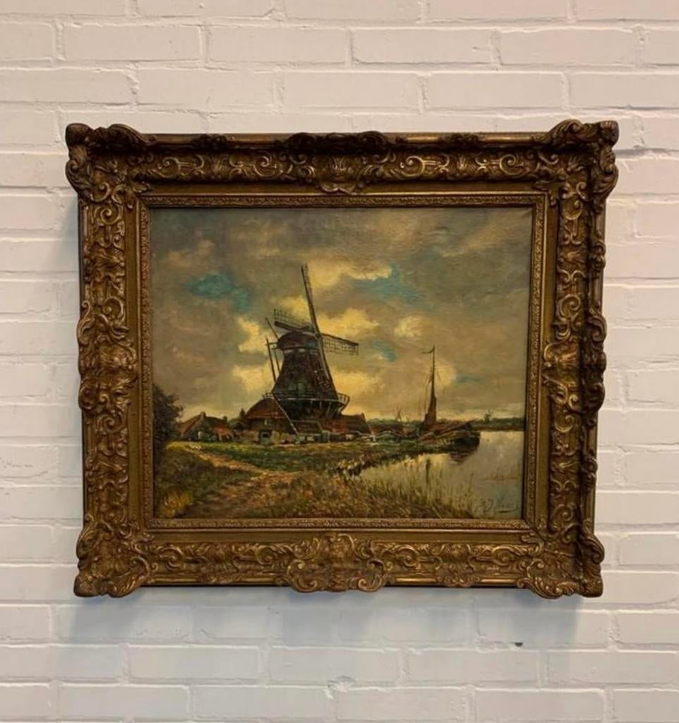 Schilderij windmolen olieverf op doek Schilder R.J.Nagle, Antiek en Kunst, Kunst | Schilderijen | Klassiek, Ophalen of Verzenden
