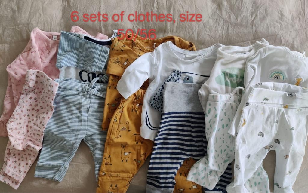 6 sets babykleding maat 50/56, Kinderen en Baby's, Babykleding | Overige, Ophalen of Verzenden, Zo goed als nieuw, Diverse, Jongetje of Meisje