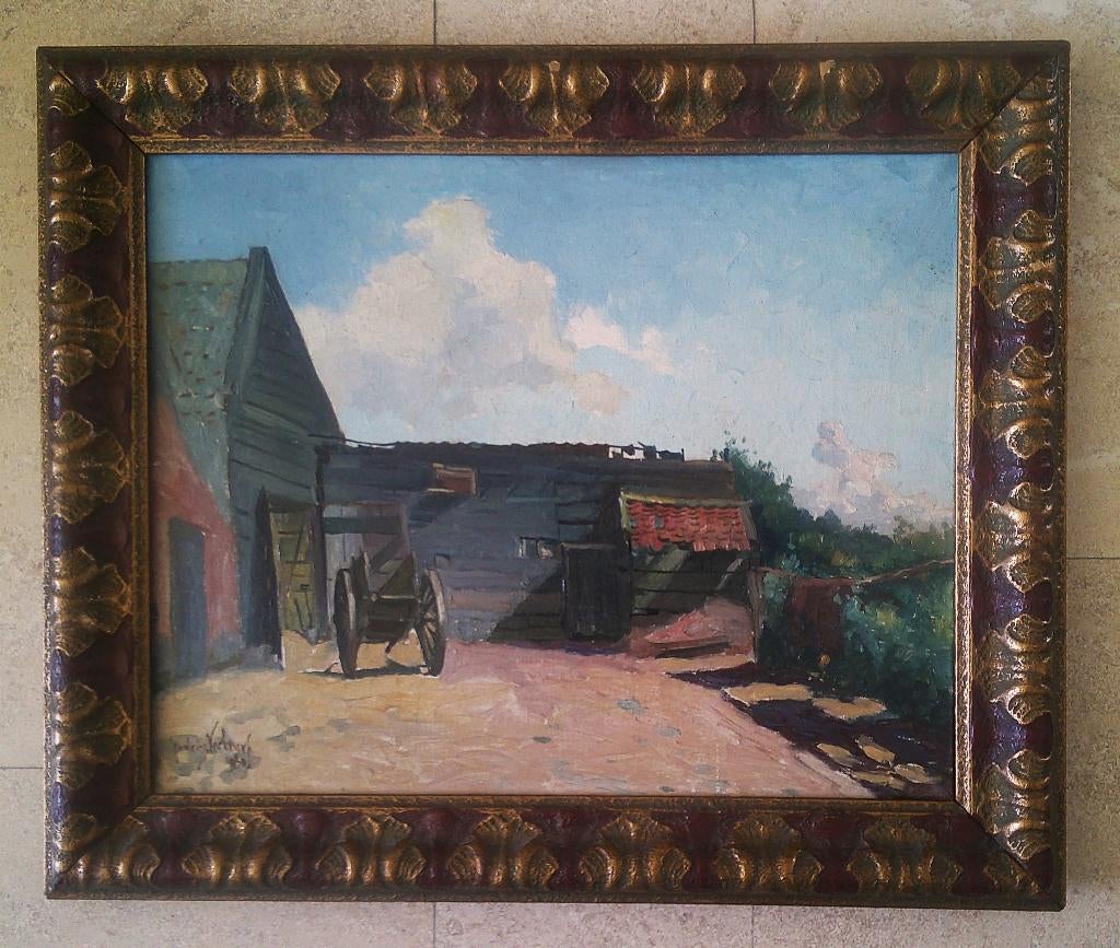 Boerenerf met kar 1930 - Andries Verleur 1876-1953, Antiek en Kunst, Kunst | Schilderijen | Klassiek, Ophalen of Verzenden