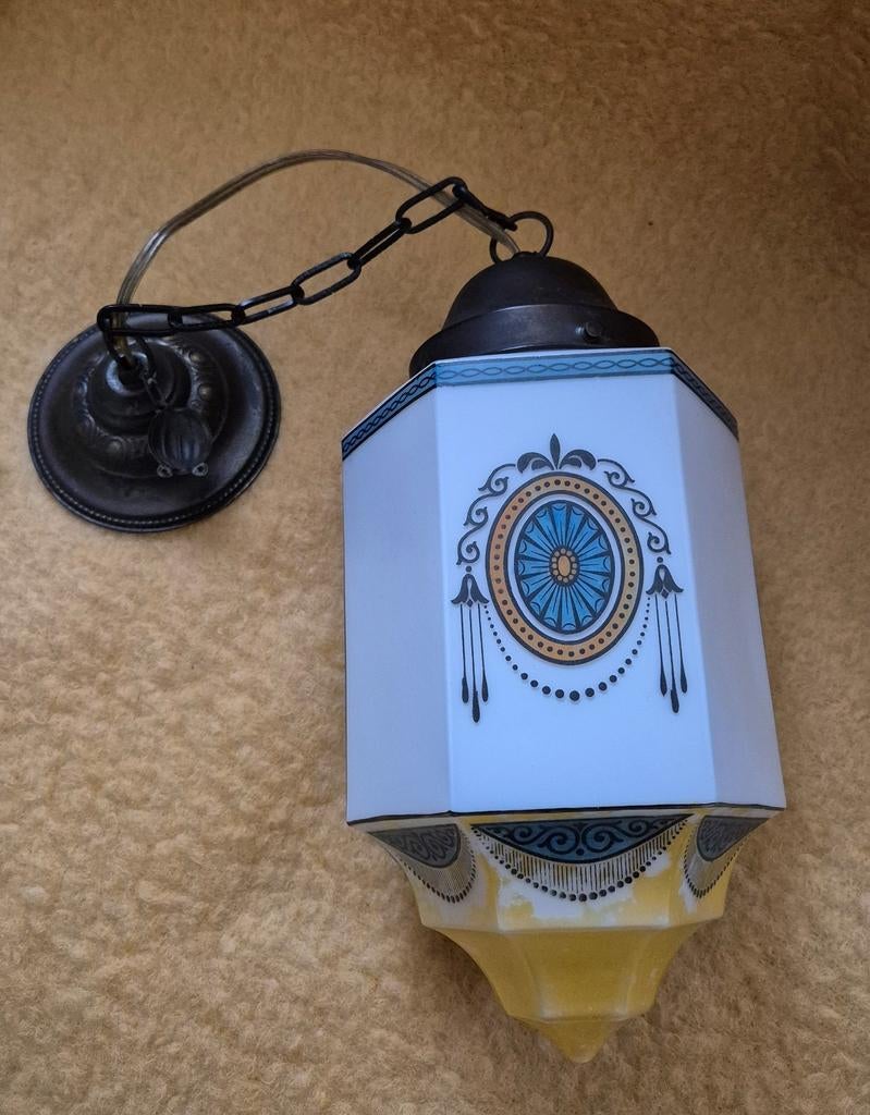 Art deco melkglas hang lampje gebrandschilderd jaren 20, Ophalen of Verzenden, Glas, Minder dan 50 cm