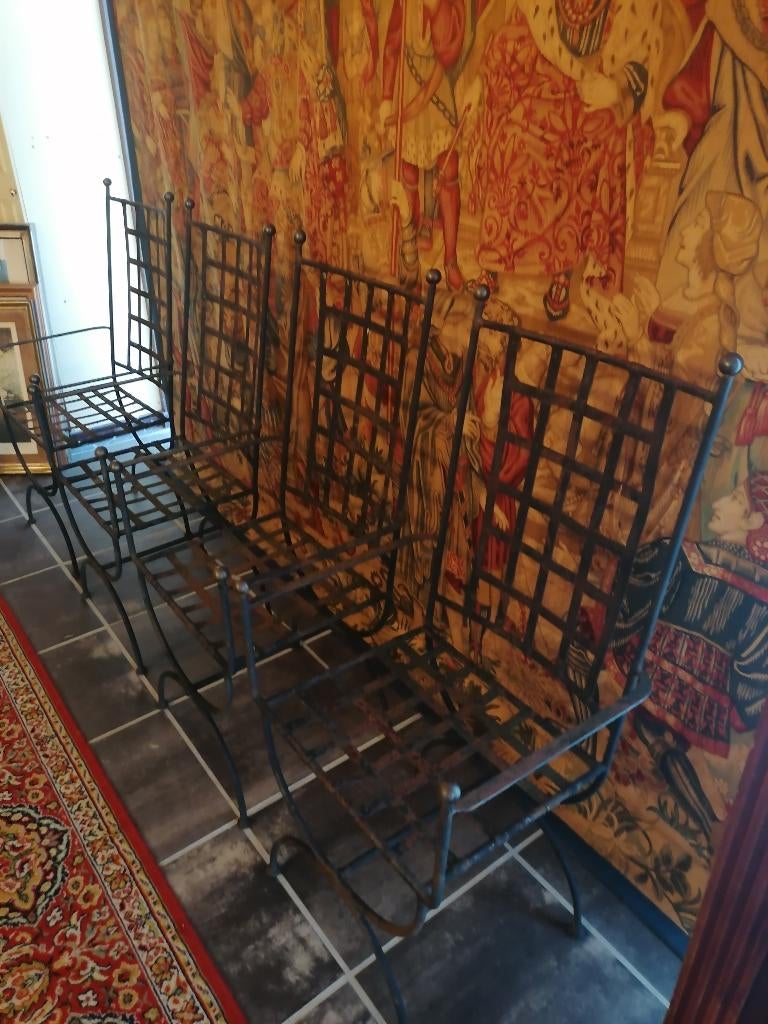 4 oude smeet ijzeren stoelen bronze ornamenten, Ophalen