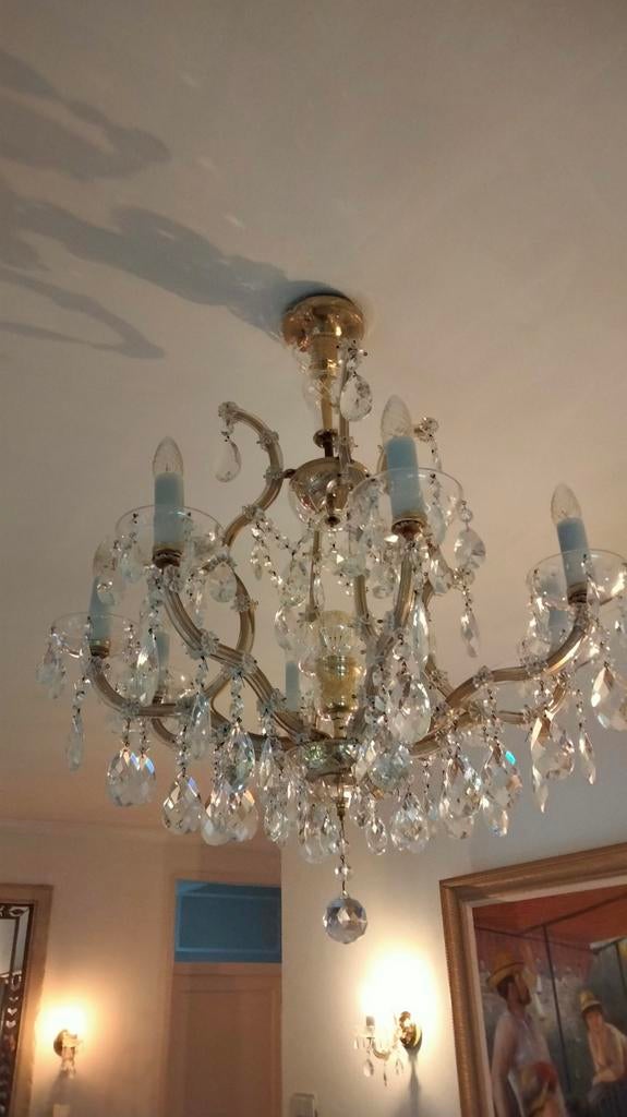 Prachtige kristallen kroonluchter met 7 wandlampen, Huis en Inrichting, Lampen | Kroonluchters, Ophalen of Verzenden, Gebruikt