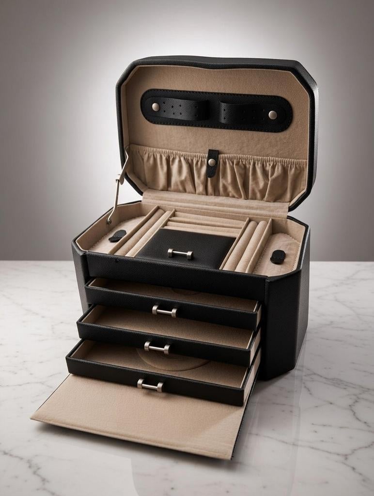 Luxe Zwarte Sieradendoos met Lades en Slot, Ophalen, Zwart, Zo goed als nieuw, Met slot