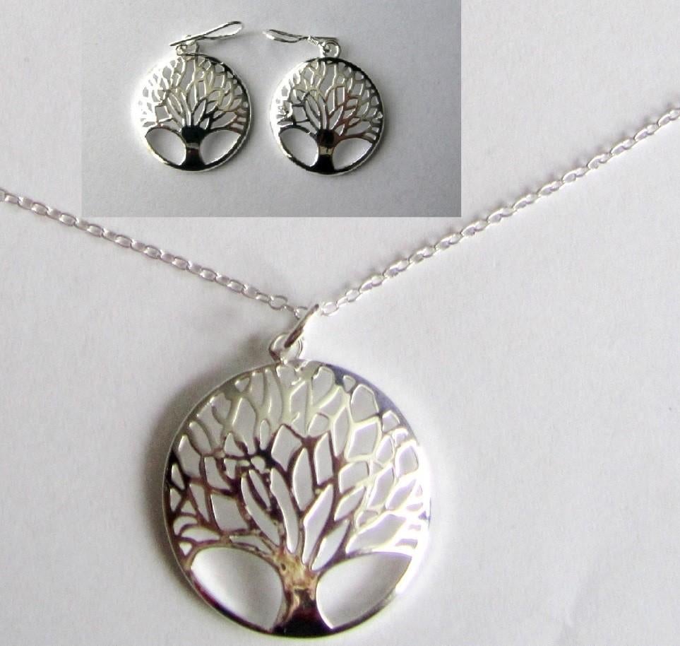 Prachtige Zilveren set Levensboom ketting en oorbellen Nieuw, Met hanger, Verzenden, Nieuw, Zilver