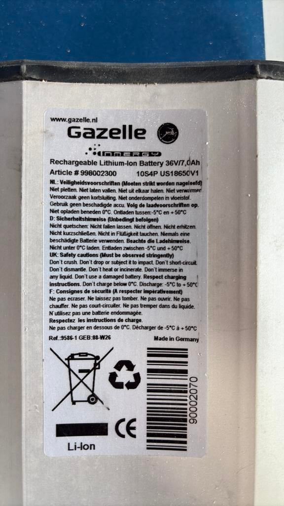 Gazelle elektrische fiets accu, Ophalen of Verzenden, Gebruikt