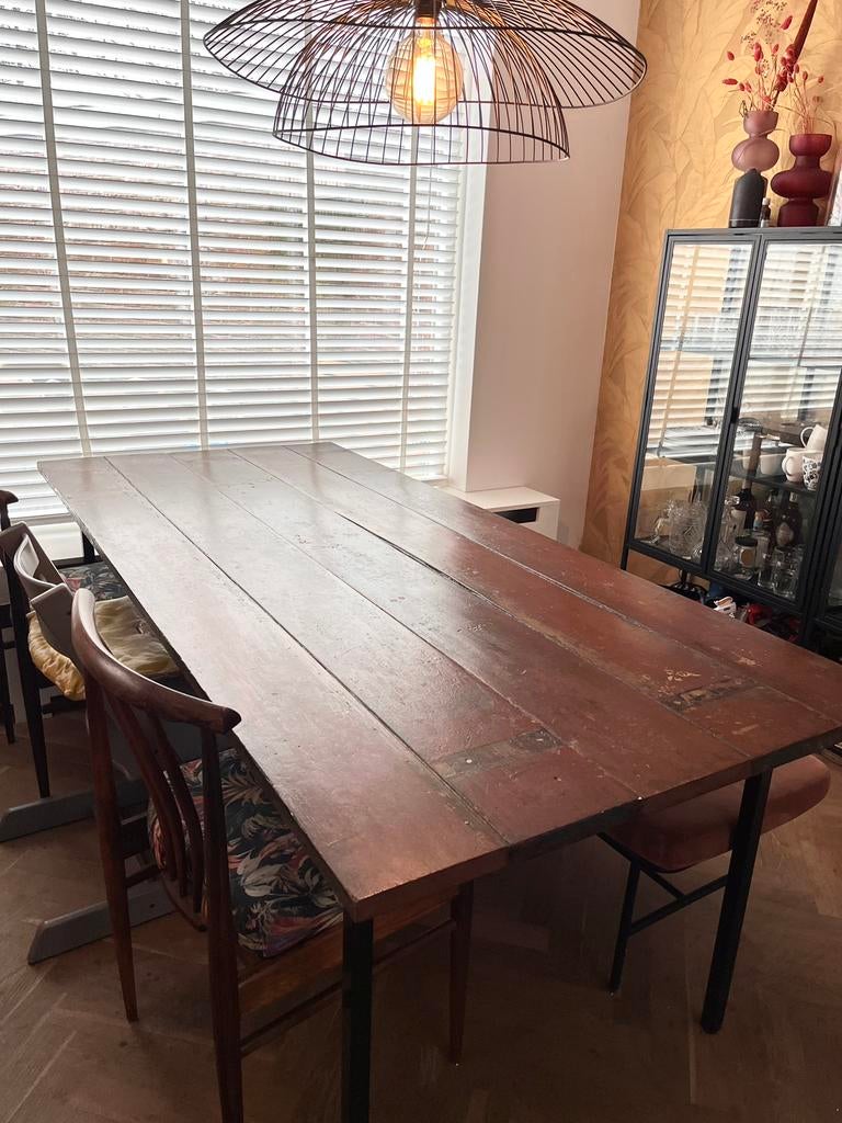 Unieke eettafel van oude deur., Ophalen, Gebruikt, 200 cm of meer, 50 tot 100 cm