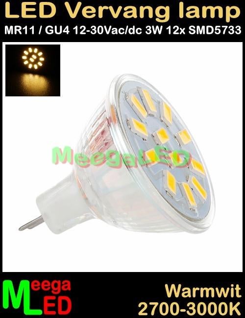 Tiny House LED MR11 GU4 LEDspot LEDlamp 3W - 12SMD5733 - WW, 30 tot 60 watt, Led-lamp, Nieuw, Bipin of Steekvoet