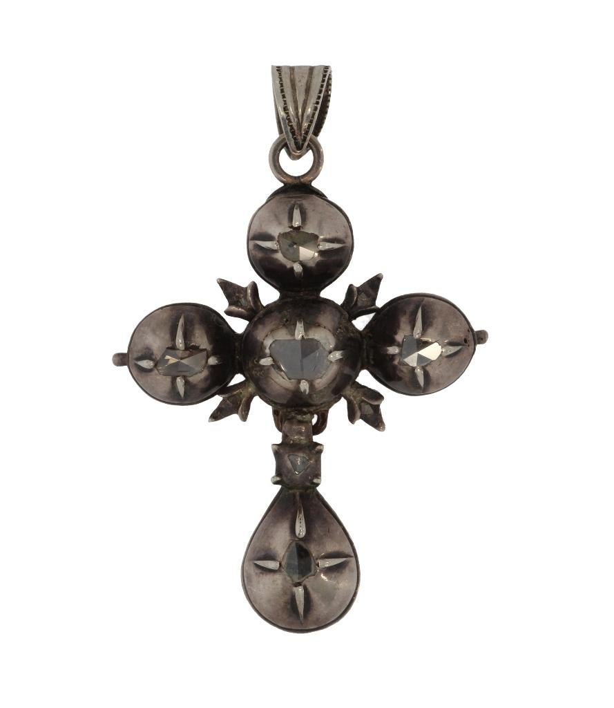 Diamanten fraai antieke kruis ketting hanger groot zilver, Verzenden, Zilver, Hanger, Met edelsteen