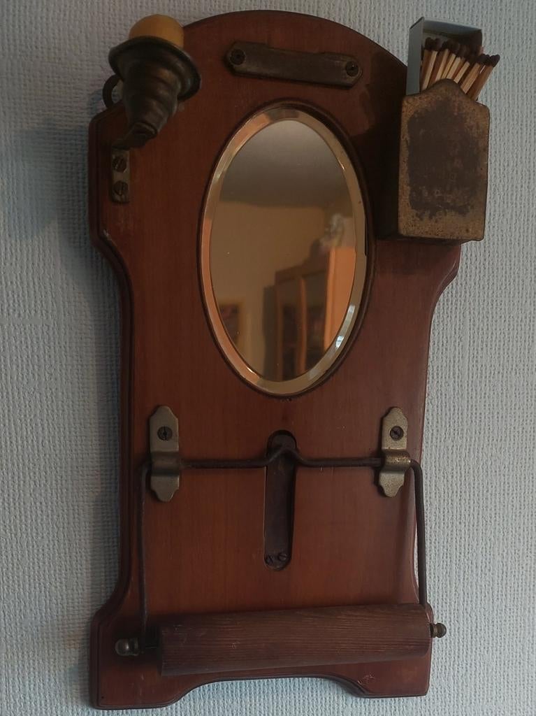 Vintage toiletrolhouder met spiegel en luciferhouder, Antiek en Kunst, Ophalen of Verzenden