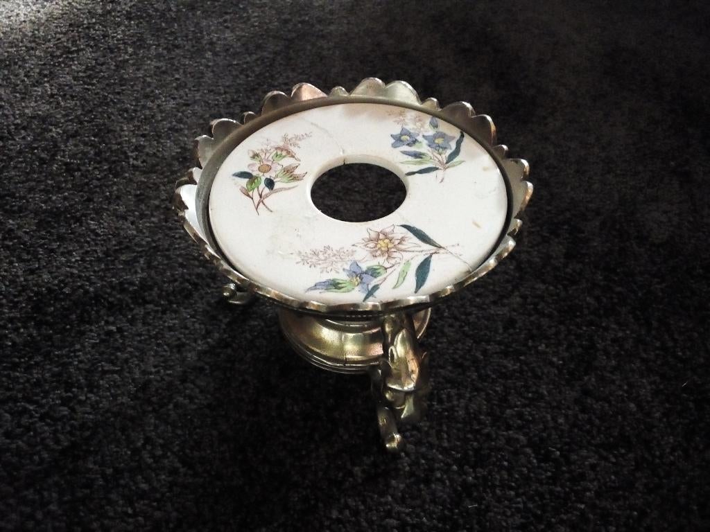 Theelicht tinnen met porcelein en brander., Antiek en Kunst, Ophalen of Verzenden