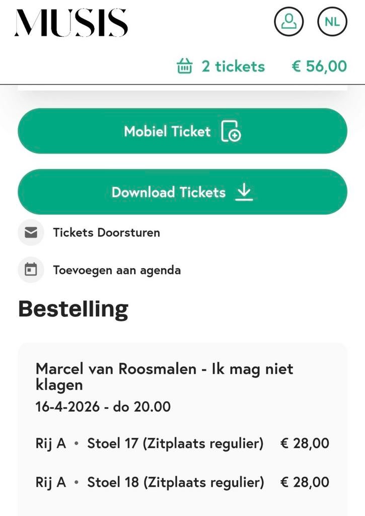 Ticket show Marcel van Roosmalen Arnhem 16 april, Ophalen of Verzenden, Ballet of Musical