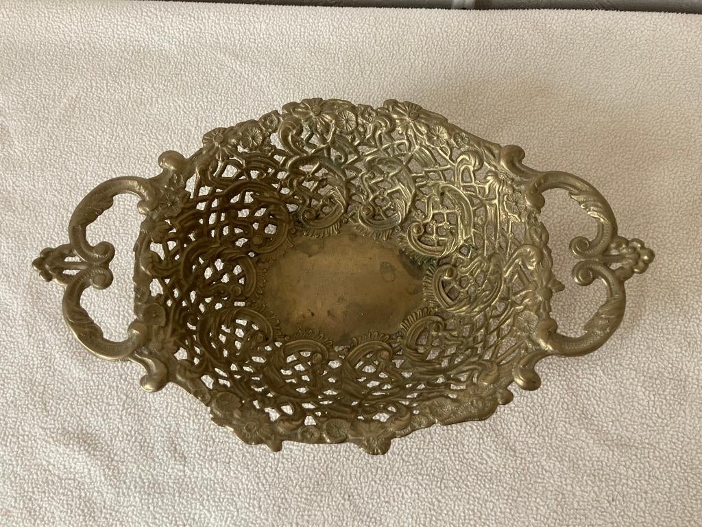 Vintage schaal / mand messing / koper met filigraan handvat, Ophalen of Verzenden, Koper
