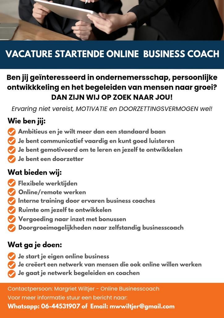 Vacature startende online business coach, Overige uren, Overige niveaus, Starter, Overige vormen