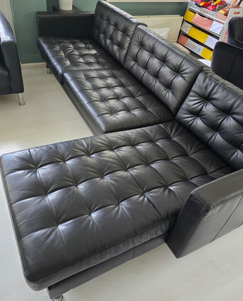 Landskrona leren bank met lounge gedeelte, Huis en Inrichting, Banken | Sofa's en Chaises Longues, Ophalen, Zo goed als nieuw