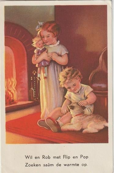 Getekend 1942 kinderen bij de kachel met hond en pop, Verzenden, 1940 tot 1960, Gelopen, Kinderen