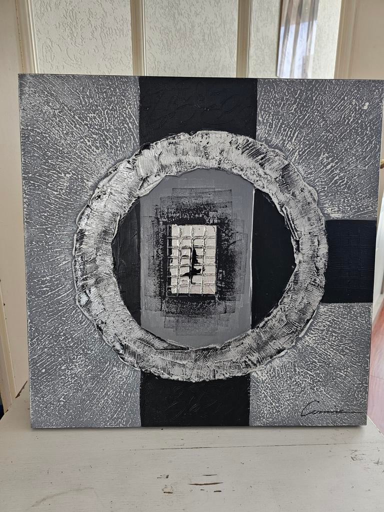 Abstract twee luik zwart, zilver, grijs..., Ophalen of Verzenden