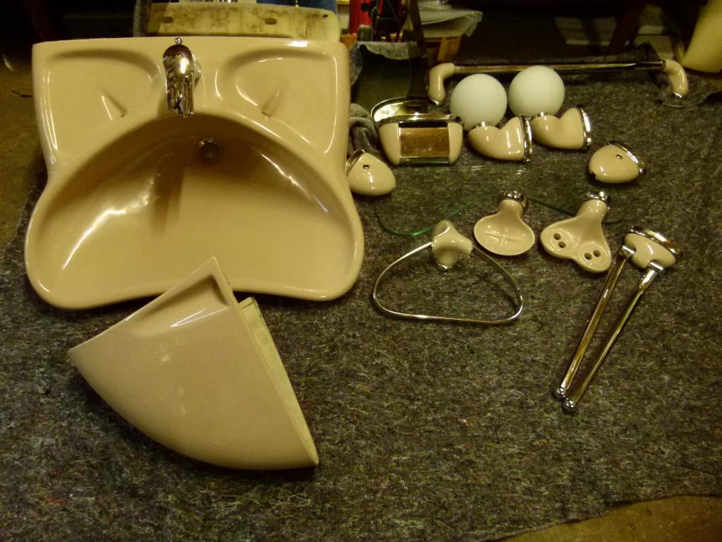 vintage wastafel lavabo + lampen + toebehoor Colani Bahama, Ophalen, Gebruikt, Glas, Overige typen