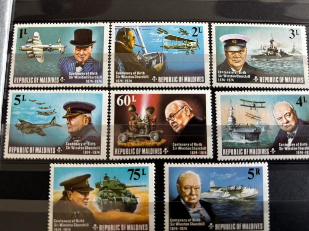 Vliegtuig, Churchill, Malediven 1974, Postzegels en Munten, Ophalen of Verzenden, Postfris, Vliegtuigen