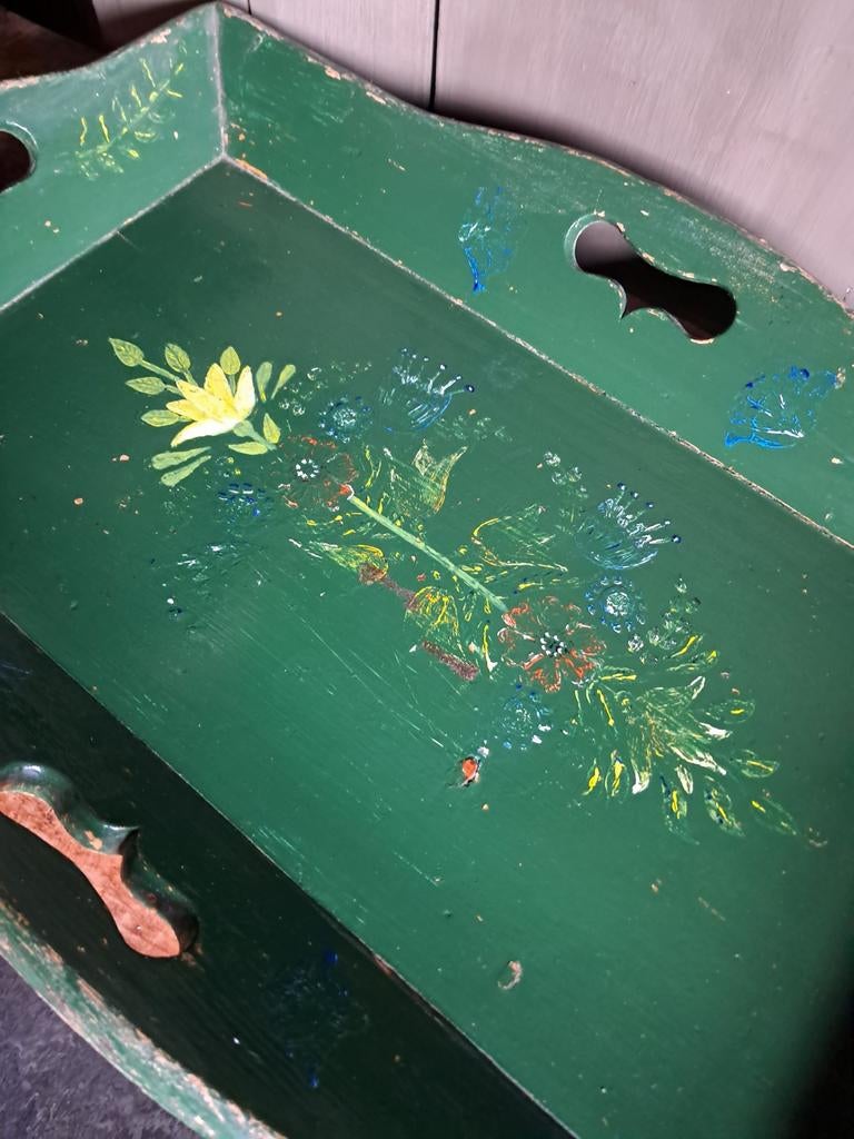 Volkskunst, prachtige handbeschilderde mangelbak, 19e eeuws., Ophalen of Verzenden