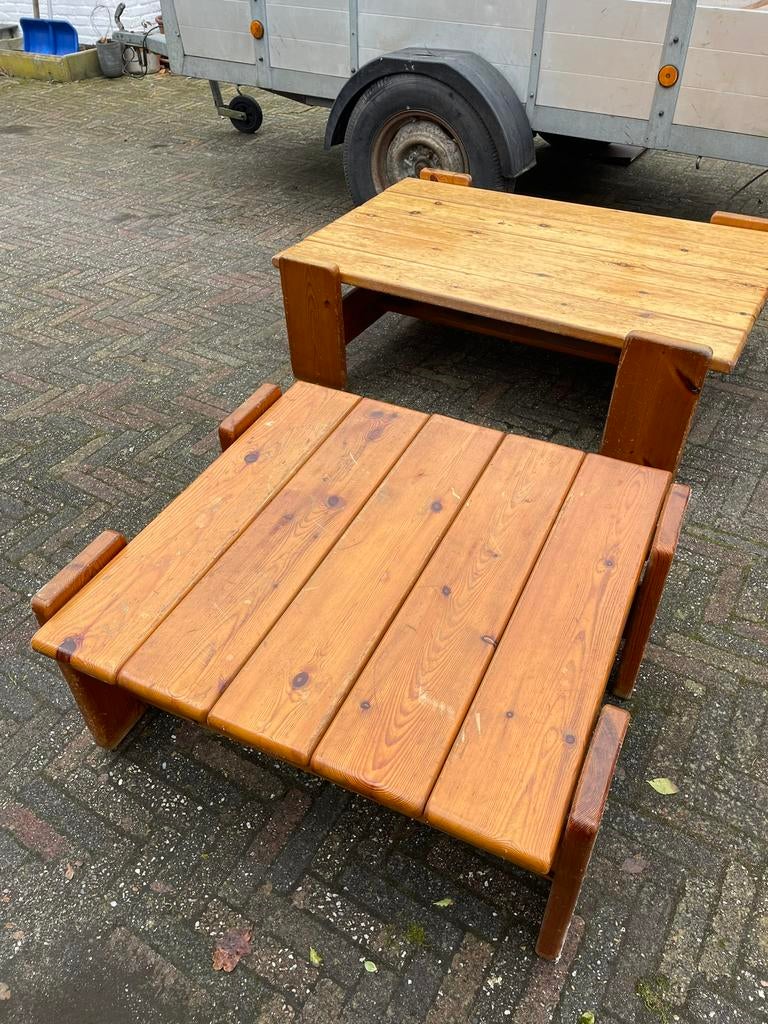 Set van 2 Brutalist grenen salontafels, Huis en Inrichting, Tafels | Salontafels, Gebruikt, 50 tot 100 cm, Rond, Minder dan 50 cm