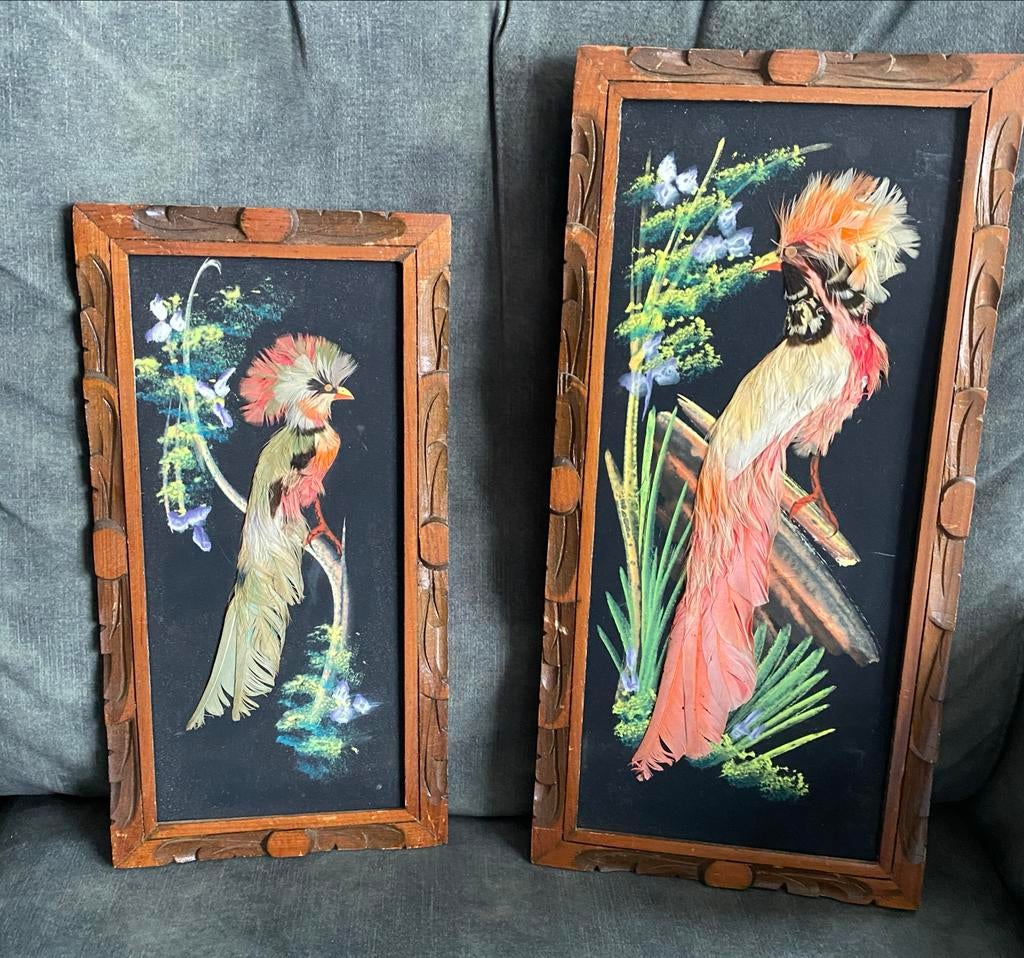 Vintage Mexicaanse kunst met vogels van veren - set van 2, Ophalen